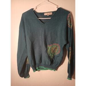 Vintage Michelle Stuart Knit Sweater Size 8 Teal Green Paisley Embroidery